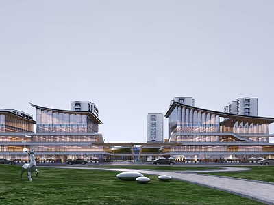 Modern Architectural Complex With Glass Curtain Walls Green Lawn Sculpture And Pathway 3d model