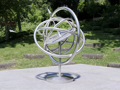 Outdoor Metal Sculpture Featuring Intertwined Spherical Bars In Garden Setting With Green Grass Stone Pathways 3d model