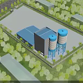 Industrial Factory Building With Blue Water Towers And Surrounding Trees Fence Parking Area