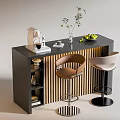 Modern Black Bar Counter With Brown Beige Stools Coffee Machine Plant Fruits And Vertical Stripes