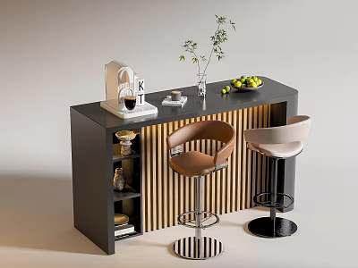 Modern Black Bar Counter With Brown Beige Stools Coffee Machine Plant Fruits And Vertical Stripes 3d model