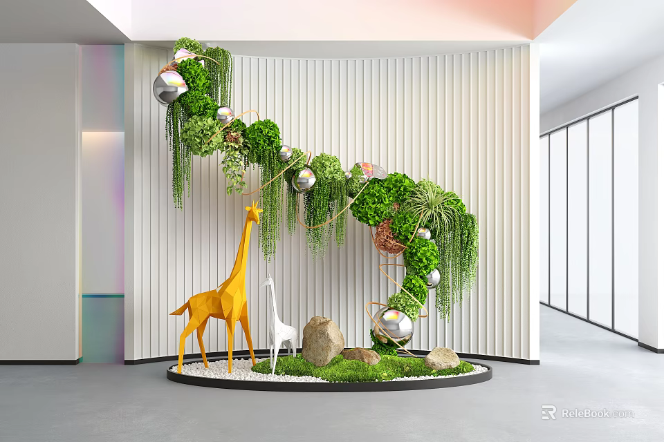 Indoor Landscape Featuring Yellow Giraffe Sculpture Green Plants Hanging Spherical Decorations And Circular Base 3d model 