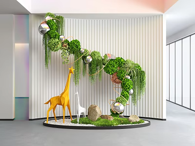 Indoor Landscape Featuring Yellow Giraffe Sculpture Green Plants Hanging Spherical Decorations And Circular Base 3d model