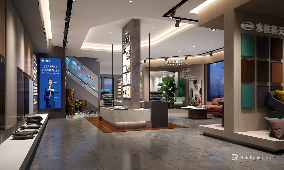 Elegant Modern Store Interior With Display Area Sofa Green Plants And Marble Countertop Display Cabinets 3d model 