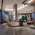 Elegant Modern Store Interior With Display Area Sofa Green Plants And Marble Countertop Display Cabinets