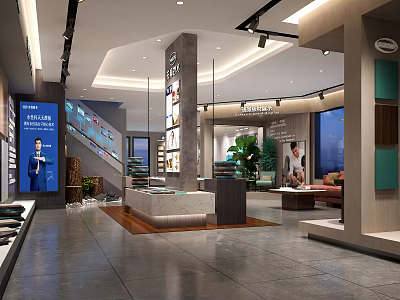 Elegant Modern Store Interior With Display Area Sofa Green Plants And Marble Countertop Display Cabinets 3d model