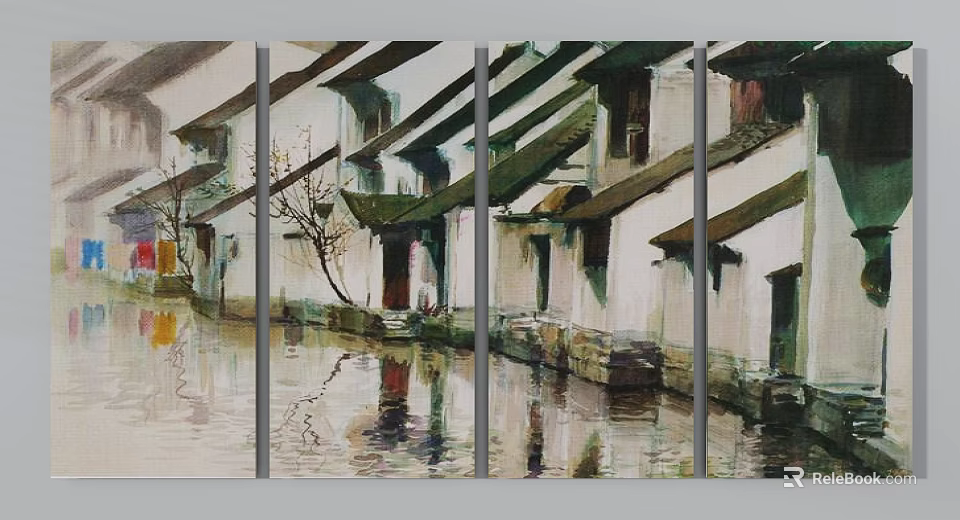 Chinese Water Town Landscape Painting With White Walls Black Tiles Riverside Houses And Reflection 3d model 