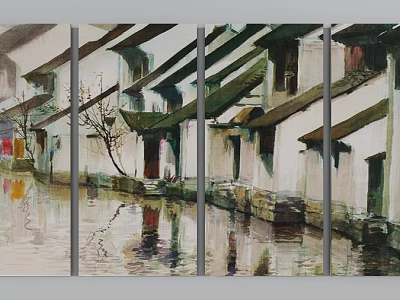Chinese Water Town Landscape Painting With White Walls Black Tiles Riverside Houses And Reflection 3d model