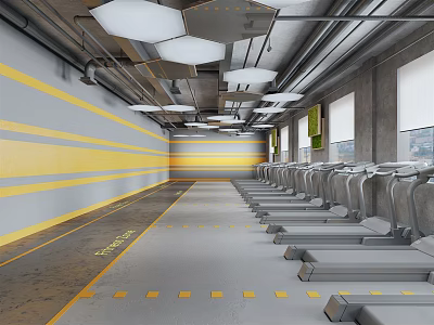 Gym Interior With Row of Treadmills Yellow Striped Walls Gray Floor PAUSE Markings Ceiling Lights and Windows 3d model