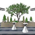 Elegant Tea Break Area With Central Tree Decorative Plants And Round Tables 3d model
