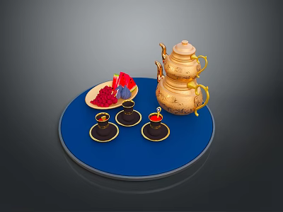 Stylish Gold Teapot With Teacups And Plate Featuring Red And Blue Items On Blue Tray 3d model