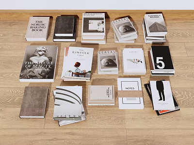 Collection of Books and Magazines with Various Covers on Wooden Floor 3d model