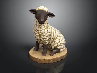 Decorative Lamb Sculpture With White Textured Wool Black Face And Wooden Base 3d model