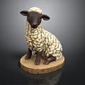 Decorative Lamb Sculpture With White Textured Wool Black Face And Wooden Base