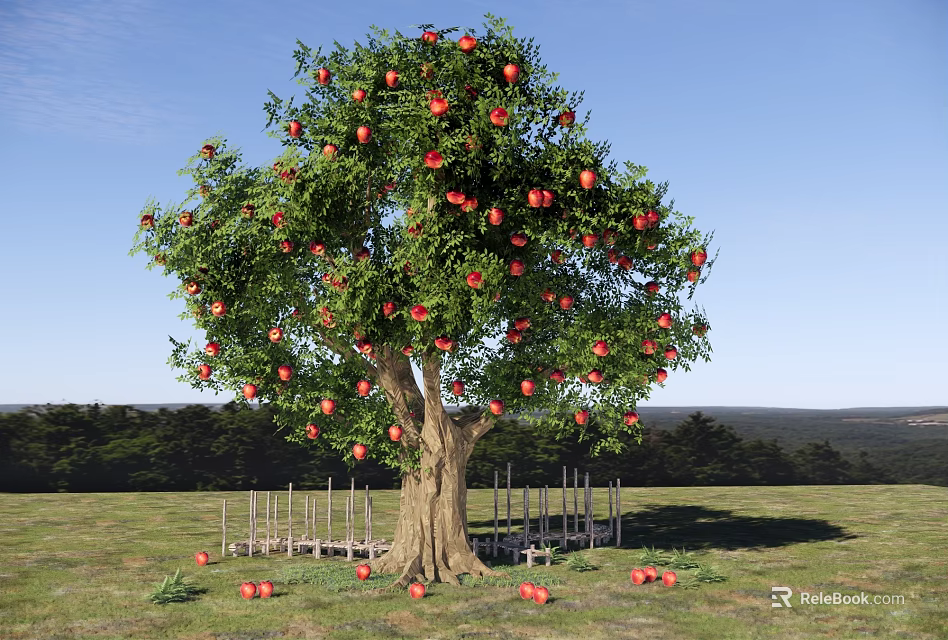 Garden Landscape Featuring Fruit Tree With Red Fruits Wooden Fence And Green Grassland 3d model 