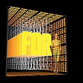 Modern Stage Design Featuring Giant Yellow FOR Lettering Grid Structure Lighting and Woman Watching