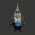 Colorful Small Boat DORY With Blue Hull Yellow Green Flag Lifebuoy And Orange Buoys