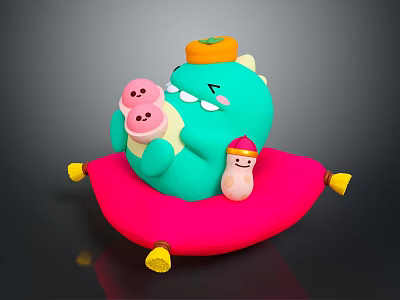Cute Green Dino Holding Piggy Toys With Little Pink Companion On Red Cushion 3d model