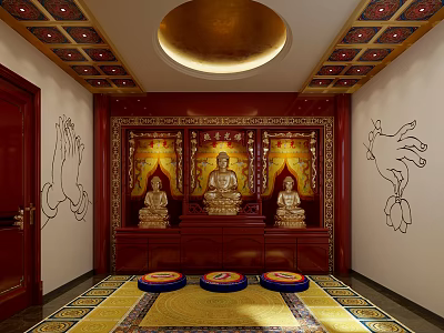 Serene Buddhist Temple Interior With Golden Buddha Statues Meditation Cushions And Wall Murals 3d model