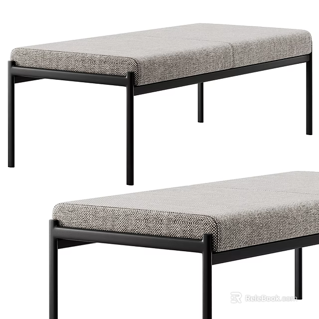 Modern Gray Upholstered Bench With Cushioned Seat And Black Metal Legs 3d model 