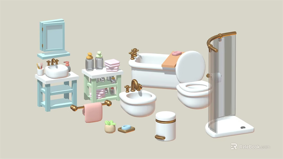 Modern Bathroom Washbasin With Bathtub Toilet Mirror Towels And Storage Shelf 3d model 