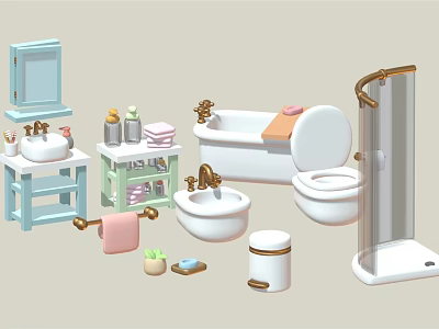 Modern Bathroom Washbasin With Bathtub Toilet Mirror Towels And Storage Shelf 3d model