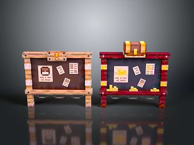 Game Style Brown And Red Chests With Maps And Gold Coins Decoration 3d model