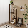 Stylish Wooden Shelving Unit In Living Room With Cat Books And Green Plant