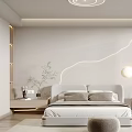 Modern Light Colored Bedroom Interior With Bed Headboard Nightstand Round Lamp And Large Window View