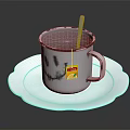 Silver Cup With Label Containing Dark Liquid And Metal Spoon On White Wavy Edge Plate