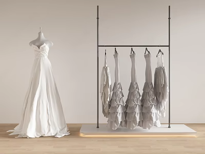 Elegant Bridal Shop Display With White Wedding Dress Mannequin And Grey Gowns On Rack 3d model