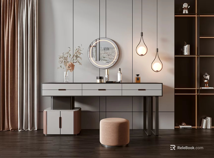 Minimalist Dressing Table Interior With Round Mirror Pendant Lights Flower Vase And Pouf Stool 3d model 