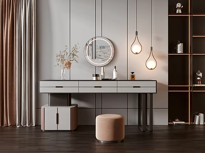 Minimalist Dressing Table Interior With Round Mirror Pendant Lights Flower Vase And Pouf Stool 3d model