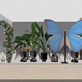 Bright Restaurant Interior With Blue Chairs Wooden Tables Green Plants And White Hexagonal Tiles Floor