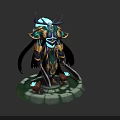 Mystic Character With Horns Golden Armor And Small Creatures On Green Cracked Base