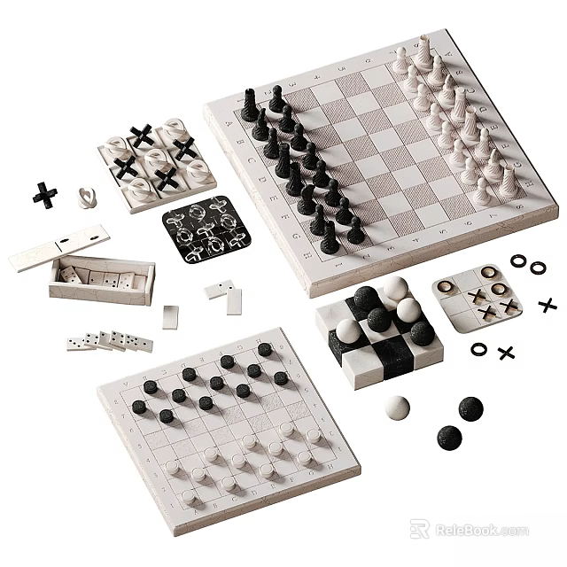 Decorative Ornament Set With Chess Tic Tac Toe Boards And Black White Pieces 3d model 
