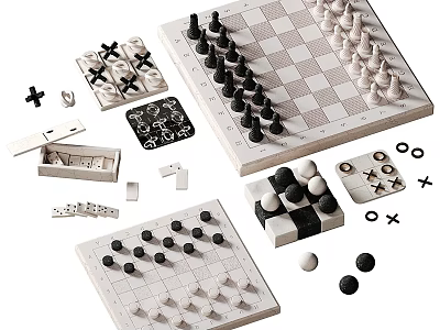 Decorative Ornament Set With Chess Tic Tac Toe Boards And Black White Pieces 3d model