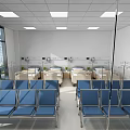 Medical Waiting Area With Blue Chairs Hospital Beds And Ceiling Lights
