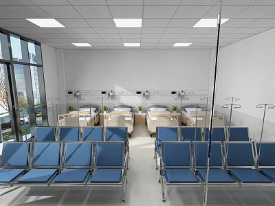 Medical Waiting Area With Blue Chairs Hospital Beds And Ceiling Lights 3d model