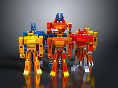 Colorful Robot Characters with Various Designs in Standing Poses on Dark Background with Reflections 3d model