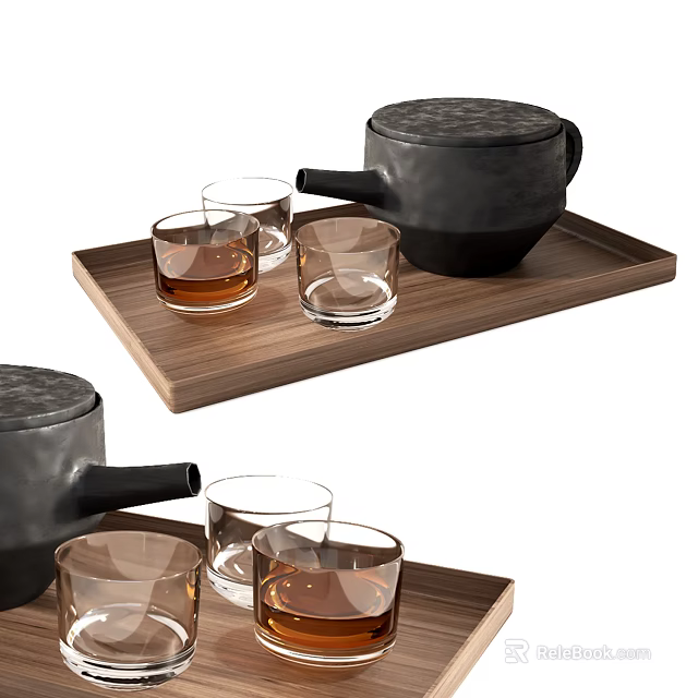 Modern Tea Set with Black Teapot and Glass Cups on Wooden Tray 3d model 