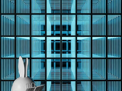 Rabbit Head Object Against Blue Geometric Grid With Repeating Square Lines 3d model