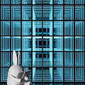 Rabbit Head Object Against Blue Geometric Grid With Repeating Square Lines