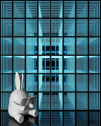 Rabbit Head Object Against Blue Geometric Grid With Repeating Square Lines 3d model
