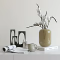 Decorative Ornaments Set Featuring Beige Vase White Flowers Black Geometric Decor Mug Books Magazine And Candles