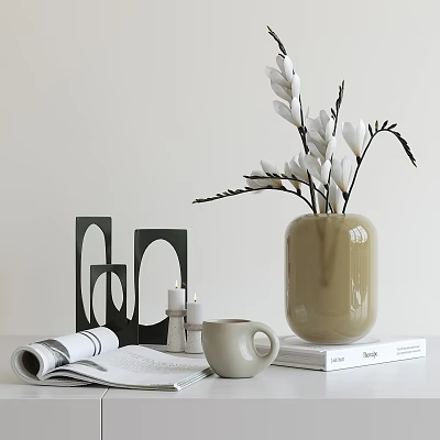 Decorative Ornaments Set Featuring Beige Vase White Flowers Black Geometric Decor Mug Books Magazine And Candles 3d model