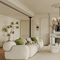 Living Room Interior With White Sofa Green Cushions Marble Coffee Table Fireplace And Large Windows