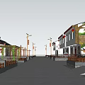 Vibrant Commercial Street Lined With Trees Pedestrians Walking Car Passing And Flower Planters