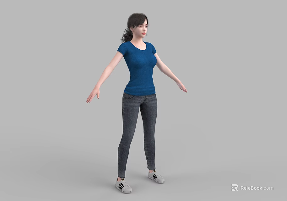 Woman in Blue T-shirt and Jeans Standing with Arms Outstretched on Gray Background 3d model 