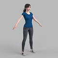 Woman in Blue T-shirt and Jeans Standing with Arms Outstretched on Gray Background